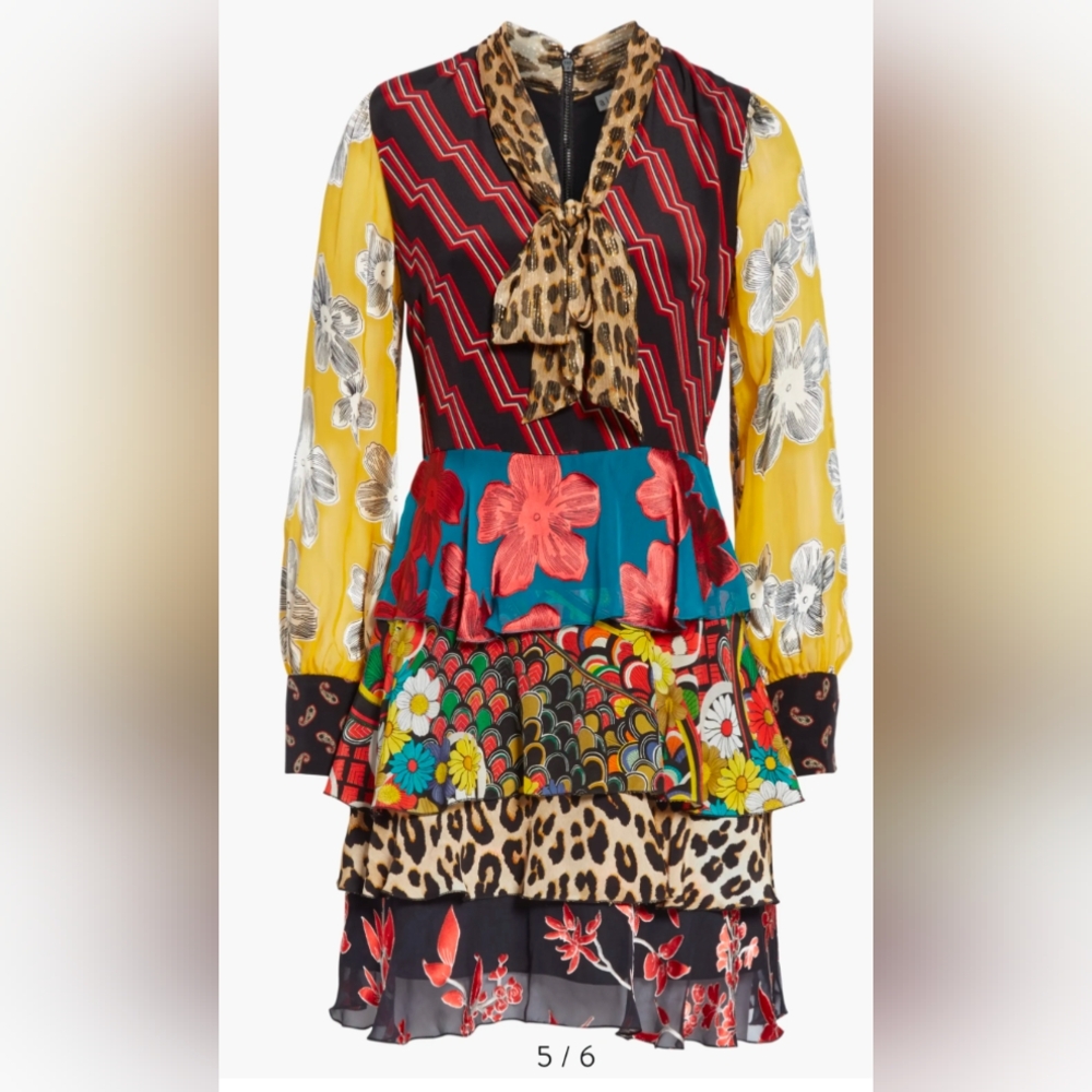 alice + olivia 100% Silk Dasha Tiered Multi-Print Ruffle Tie-Neck Dress NWT Sz 8